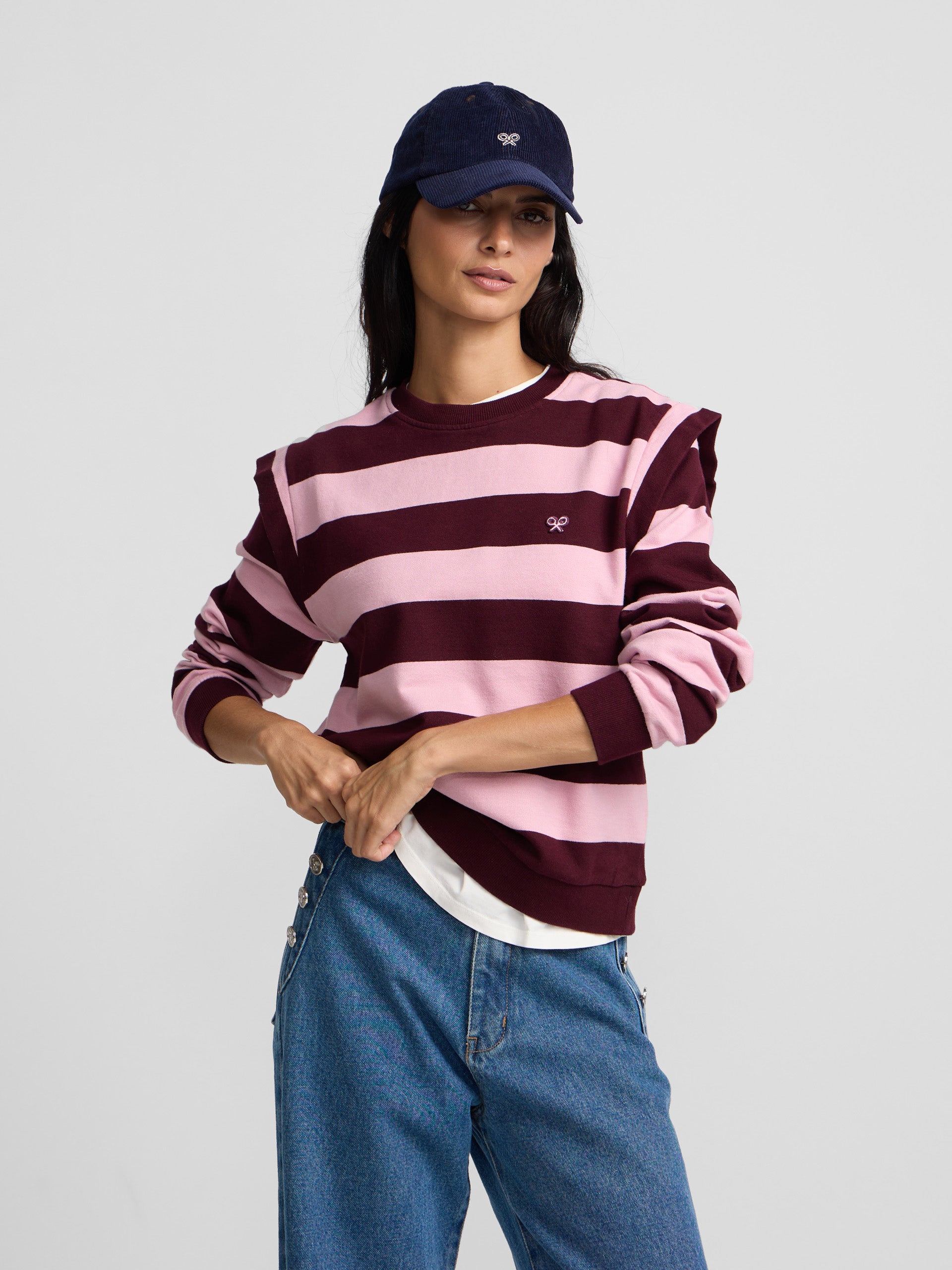 Sudadera volantes hombros rayas · Silbon · rosa y granate
