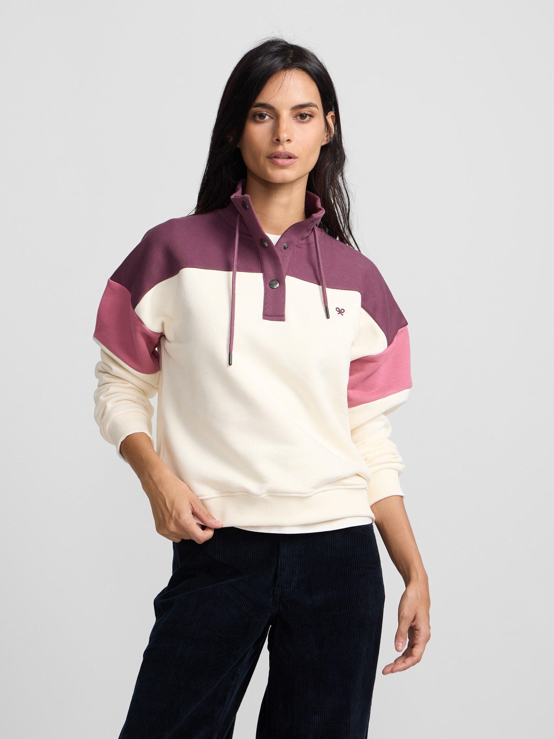 Sudadera con cuello tricolor · Silbon · crudo y rosa